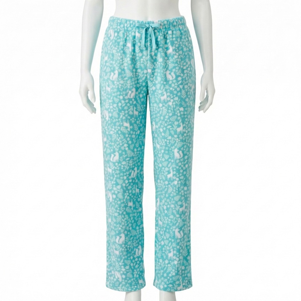 Eddie Bauer Girls Fleece Pajama Pants Large Teal Fox Deer Woodland Print Cozy